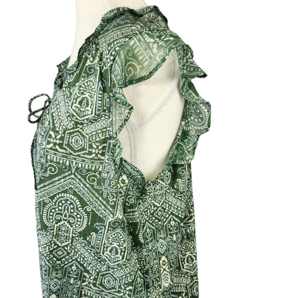 Lucky Brand Green Geometric Tribal Aztec Blouse Ruffle Sleeve V Neck Large - Picture 6 of 13